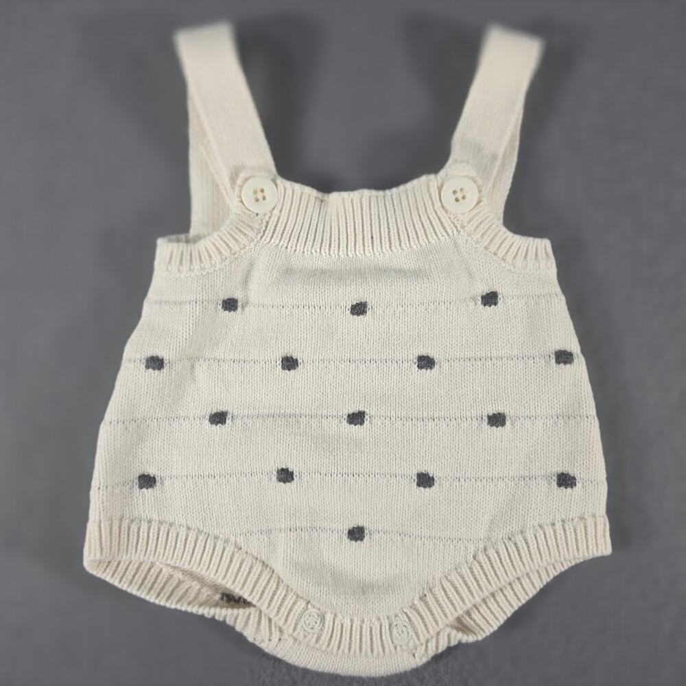 Baby Cat Jack Knit Romper Bloomer Cream Grey Dot Button Shoulder Overall NB RN